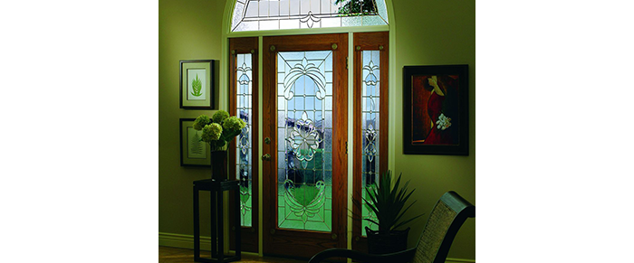 stromberg windows doors front entry door with stained glass and arched window above